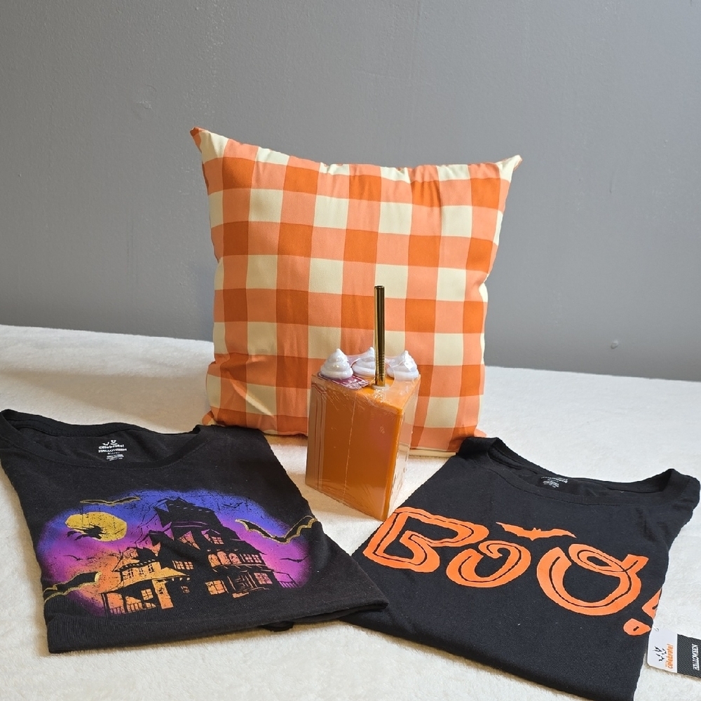 Spooky Graphic Tees, Sluce Of Pie Tumbler, and Checkered Pillow Set